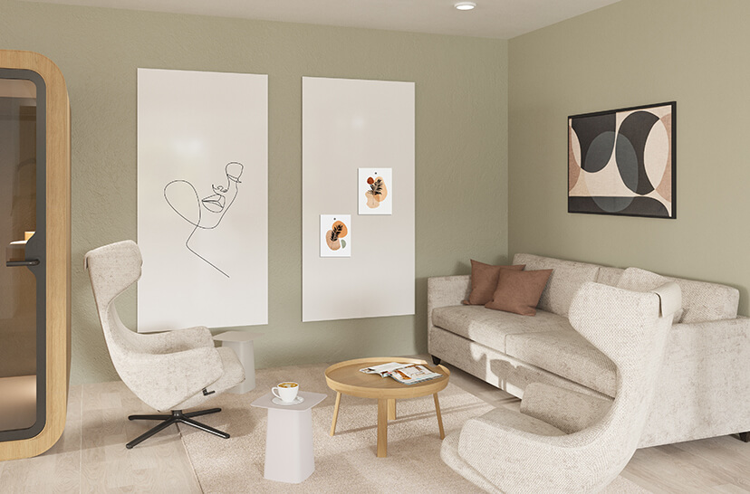 Un espace de bureau avec un tableau blanc Chameleon Sharp au mur