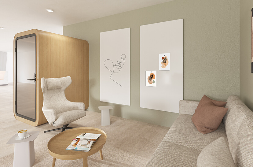 Ein Büroraum mit einem Chameleon Sharp Whiteboard an der Wand, Whiteboards Lösungen