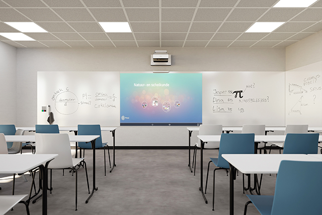 Classroom with whiteboard strip in combination with a projector