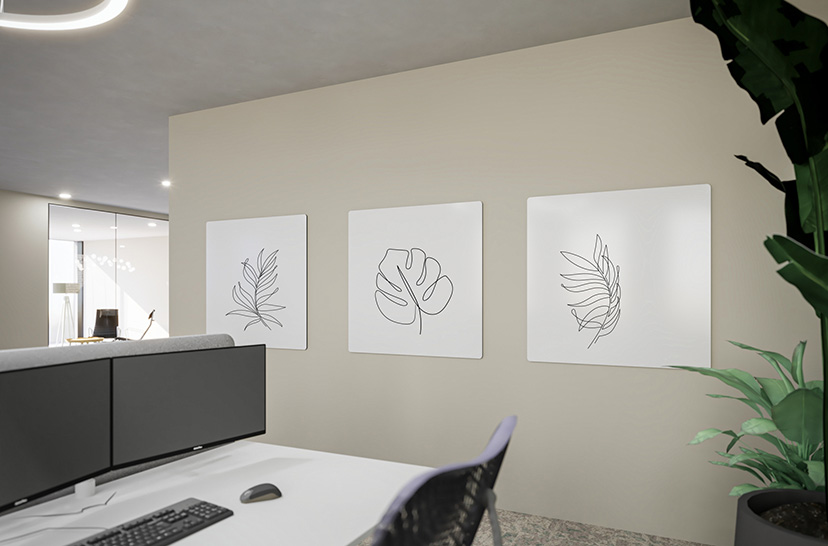 Ein Büroraum mit einem Chameleon Curve Whiteboard an der Wand