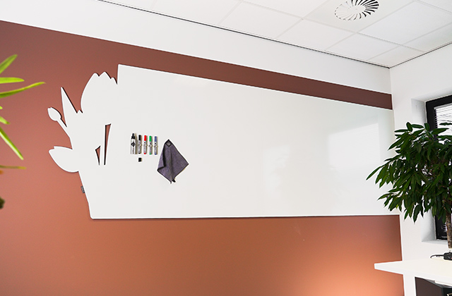 Ein Büroraum mit einem Chameleon Maßgefertigte Whiteboard an der Wand, Whiteboards Lösungen