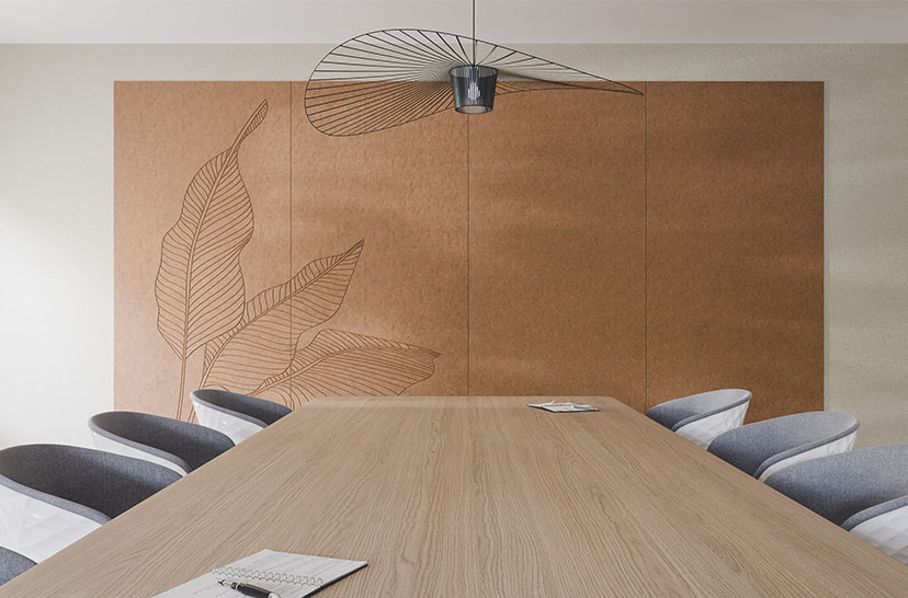 Un espace de bureau avec un Chameleon Creatives Acoustics au mur
