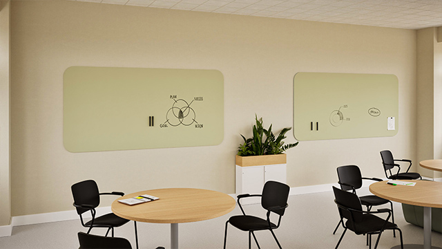 curve whiteboard classroom, rounded whiteboard school, frameless whiteboard education, Chameleon Curve board, safe whiteboard for children, writable board with soft edges, classroom presentation board