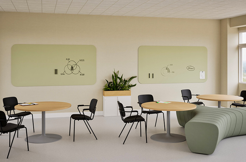 curve whiteboard classroom, rounded whiteboard school, frameless whiteboard education, Chameleon Curve board, safe whiteboard for children, writable board with soft edges, classroom presentation board