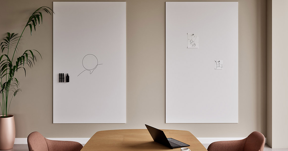 Large dry erase board mounted on a meeting room wall