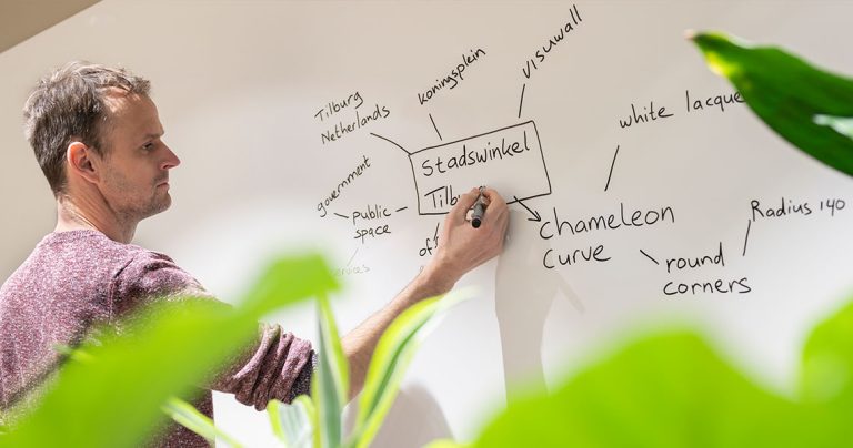 Large dry erase board used during a client presentation