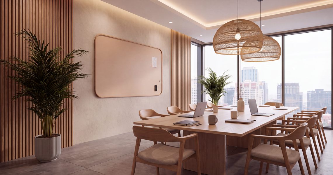 Premium whiteboard with oak frame (Curve Oak) in an executive boardroom with skyline view