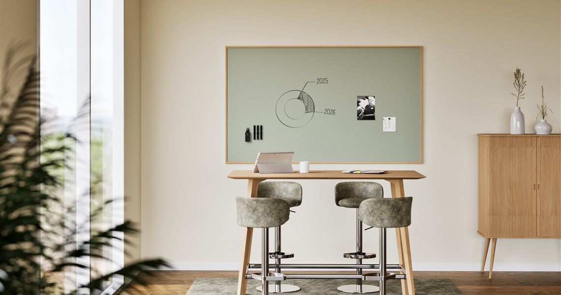 Sharp Oak whiteboard in a sage-green SatinTones colour finish above a standing meeting table with bar stools