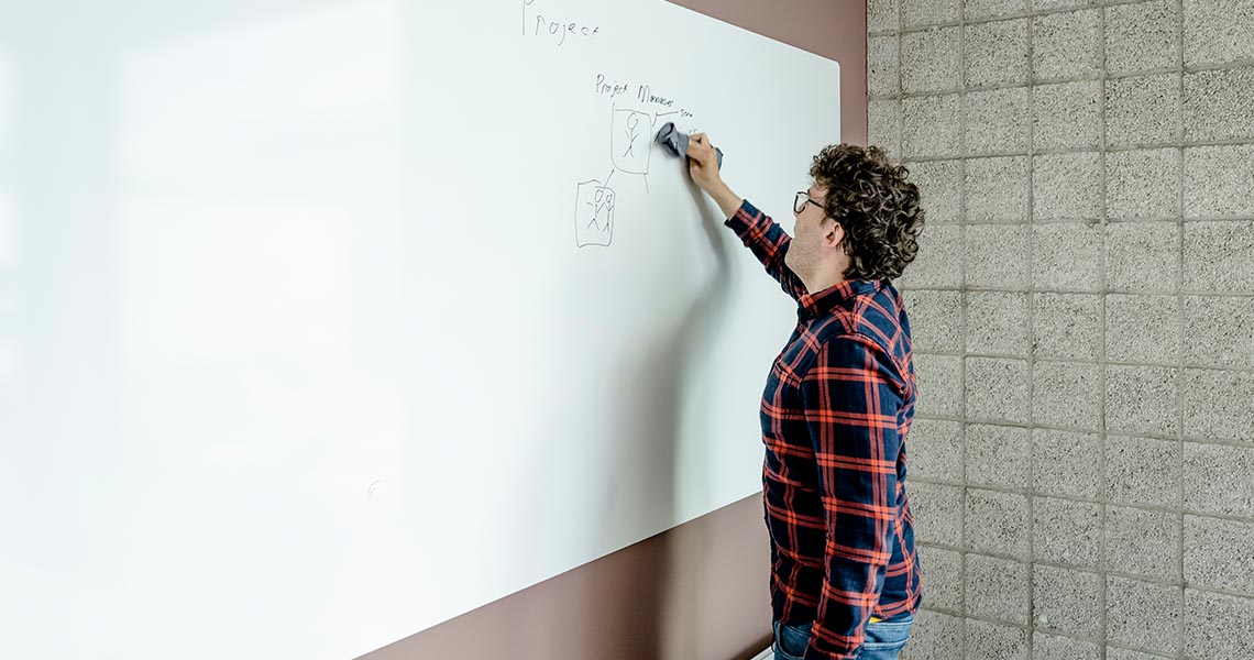 Whiteboard wall installed across an office wall