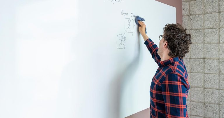 Corner view of a whiteboard wall wrapping around an office meeting room