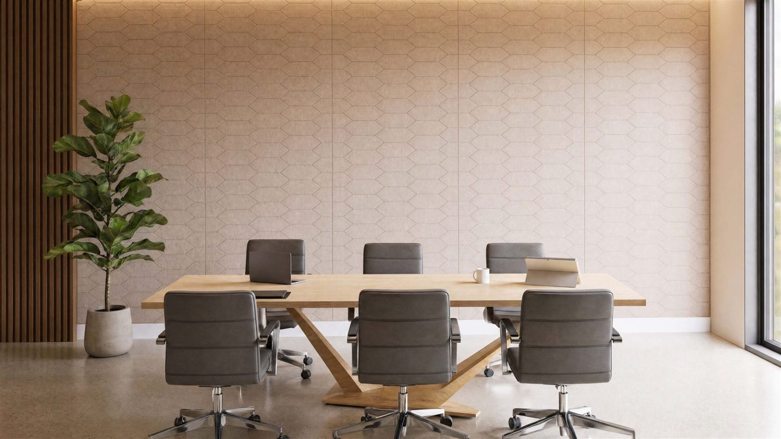 Acoustic wall panel in a hexagon pattern with office plant