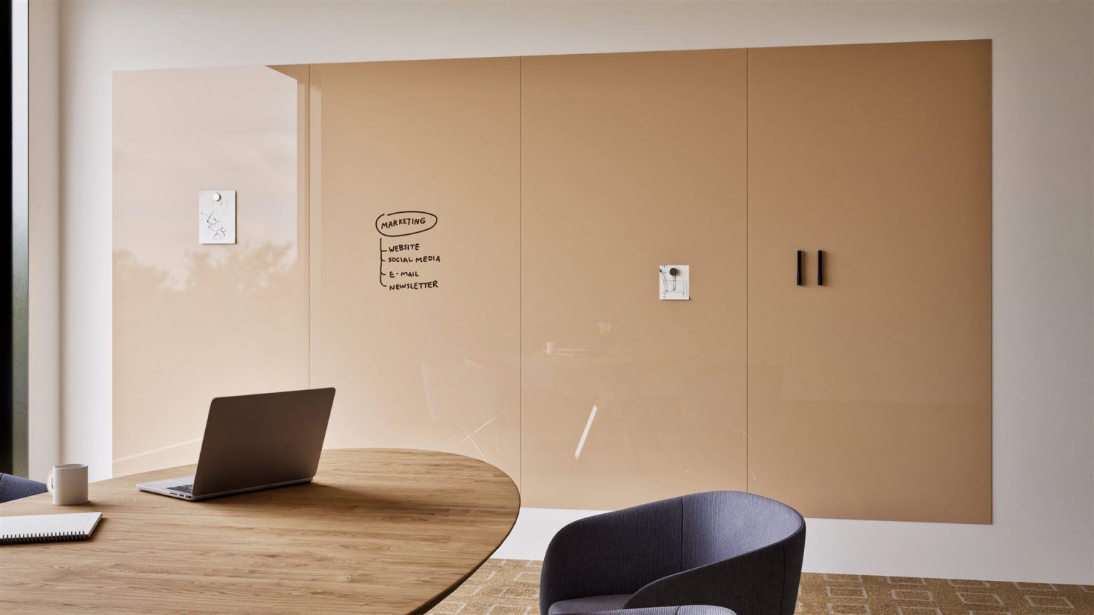 Glassboard wall panels: The same beige Sharp Glass Wall installation viewed from an angle, showing the full width of the four connected panels in a meeting room.