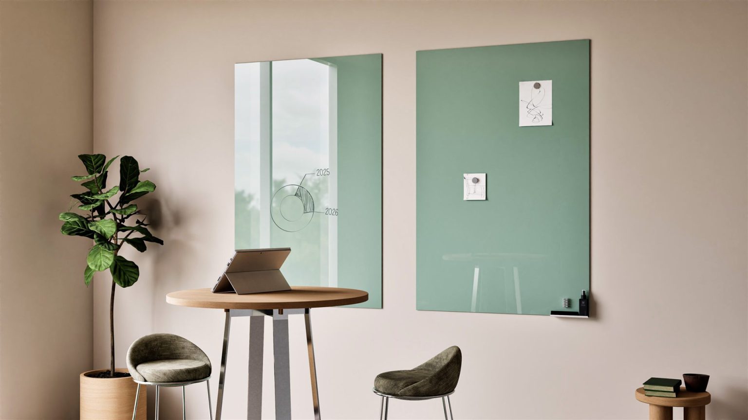 Glassboards: The same sage green Sharp Glassboard breakout area viewed from an angle, showing both individual glassboard panels.