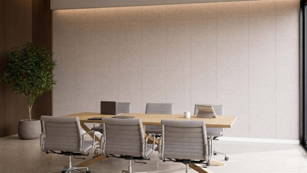 Pet acoustic panels plain tile grid in warm lighting